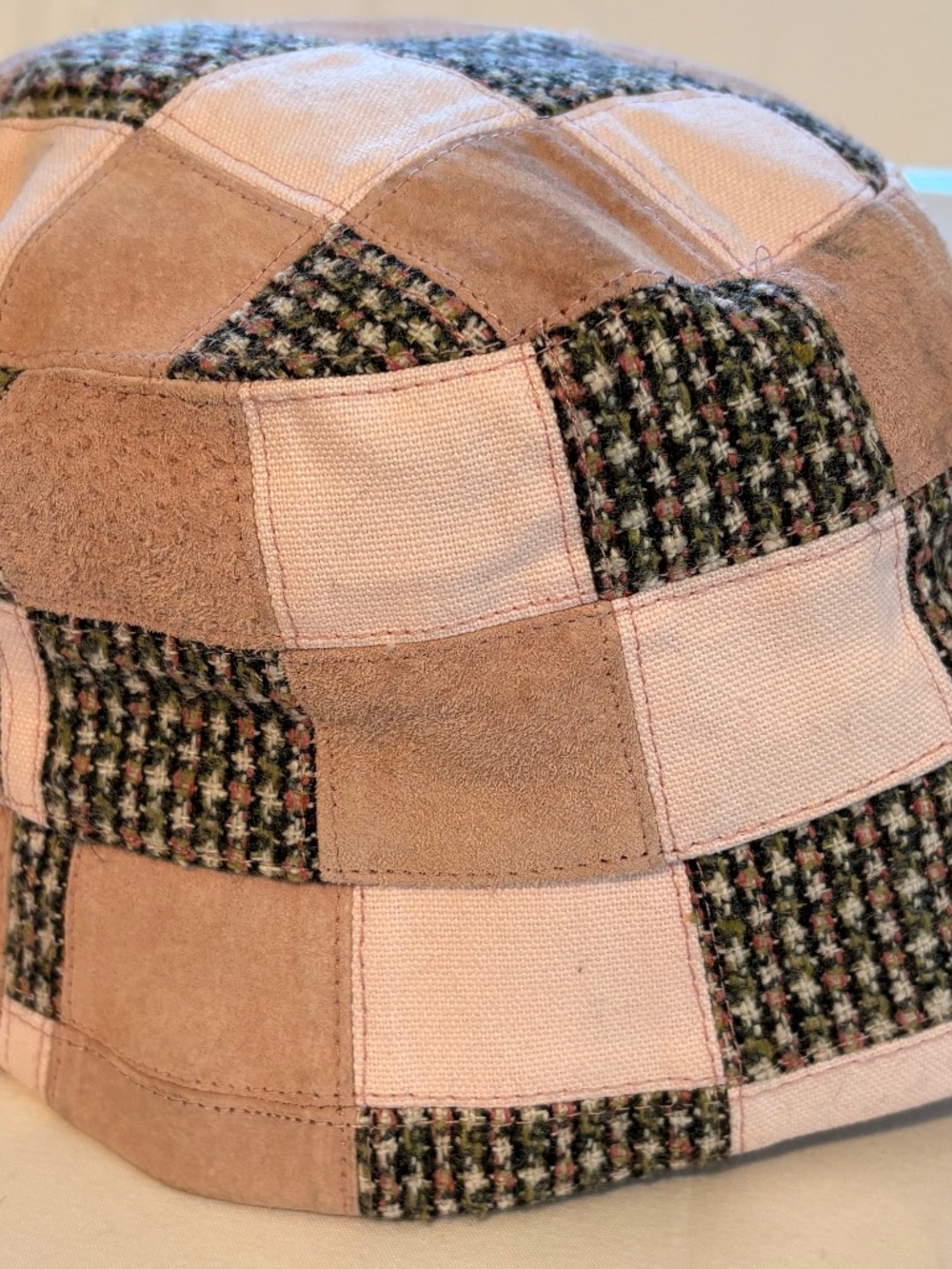 Vintage Wilson's Leather Patchwork Bucket Hat Pink Canvas Leather Wool Tweed S/M